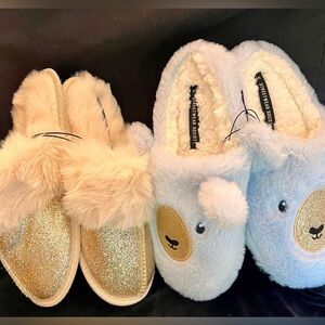 NWT Cozy Blue Bear Slippers Gold Glitter Faux Fur Clog Bundle Girlhoodcore SZ 6